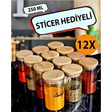 Feyza Design 12'li 250ML Bambu Kapaklı Borosilikat Cam Baharatlık ve Etiket Seti