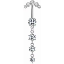 Blisse Piercing Kadın Gümüş Çift Taşlı Sıralı Sallantılı Cerrahi Çelik Göbek Piercing