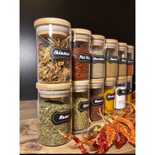 Feyza Design 12'li Bambu Vakumlu Cam Baharatlık Seti, 180ML, Kapaklı, Etiketli