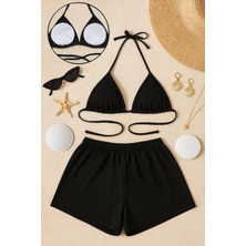 İmoda Kadın Siyah Şortlu Bikini Takımı, Mikro Likralı Kumaş ile Modern Plaj Modası