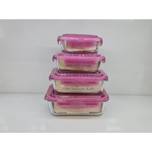 Feyza Design 4'lü Borcam Saklama Kabı Seti, Isıya Dayanıklı ve Vakumlu Kapaklı, Pembe