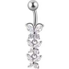 Blisse Piercing Kadın Gümüş 3 Sıra Kelebek Figürlü Sallantılı Cerrahi Çelik Göbek Piercing