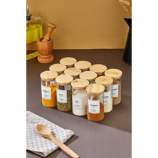 Feyza Design 12'li 300ML Bambu Kapaklı Cam Baharatlık Saklama Seti (Kaşık Dahil)