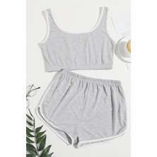 İmoda Kadın Gri Askılı Crop Top ve Şortlu Gecelik Takım Yumuşak Kumaşlı Rahat Tasarım