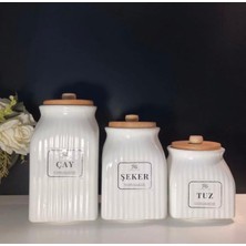 Feyza Design 3 Boy Bambu Vakum Kapaklı Porselen Kavanoz Seti Beyaz