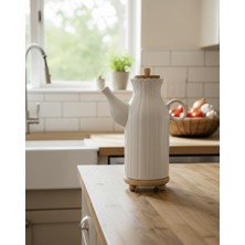 Bambu Altlıklı Porselen Yağ & Sirkelik 1000 ml - Mutfak Tezgah Üstü Dekoratif Yağdanlık Papatya Desen