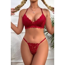İmoda Kadın Bordo Sırtı Dantel ve Ip Detaylı Şık Sütyen Külot Takımı
