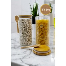 Feyza Design Bambu Kaşık Conta Kapaklı 2'li Cam Kavanoz Seti, 1200ML, Baharat ve Erzak Saklama