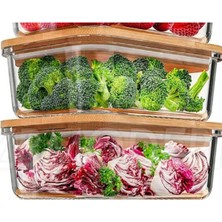 Feyza Design Bambu Kapaklı 2'li Diktörtgen Vakumlu Cam Saklama Kabı 1500 ml