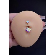 Blisse Piercing Kadın Gold Renkli Kare Taşlı Belly Cerrahi Çelik Göbek Piercing