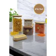 Feyza Design Bambu Conta Kapaklı 4'lü Cam Kavanoz Seti, Borosilikat Baharat ve Saklama