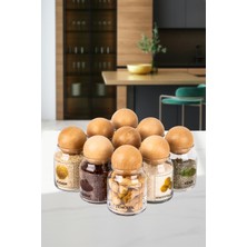 Feyza Design 9'lu Ahşap Kapaklı Cam Baharatlık Seti, Etiketli, 300 Ml, Dekoratif ve Şık