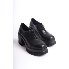 Difolia Kadın Dianai Siyah Cilt Carık Model 8 cm Topuklu Platformlu Ayakkabı