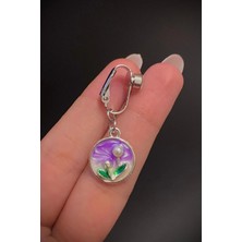 Blisse Piercing Kadın Çelik Zirkon Taşlı Yuvarlak Mor Çiçek Manzara Detaylı Sıkıştırma Deliksiz Göbek Piercing