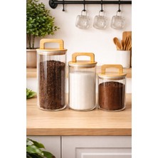 Feyza Design 3’lü Cam Kavanoz Seti, Vakumlu Bambu Kapaklı, Çizgili, 1300 Ml, 900 Ml, 750 ml