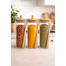 Feyza Design Bambu Kapaklı Kare Kavanoz Seti 3'lü, Borosilikat Cam, 400ML, Şık Saklama