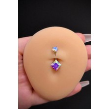 Blisse Piercing Kadın Gümüş Hologram Kare Zirkon Taşlı Belly Çelik Göbek Piercing