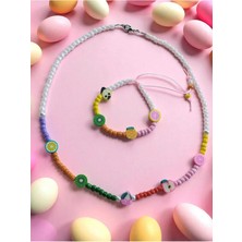 Amabel Jewelerys Meyve Fimo Boncuk Detaylı Kum Boncuk Çocuk Kolye ve Bileklik Set (Bayram ve Karne Hediyesi)