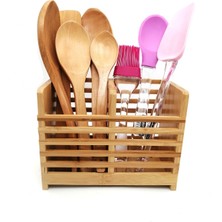 Feyza Design Standlı Silikon ve Ahşap Kepçe, Kaşık, Spatula Servis Seti 9 Parça