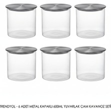 Feyza Design Şeffaf 600 ml Metal Kapaklı Yuvarlak Cam Saklama Kabı 6'lı Set