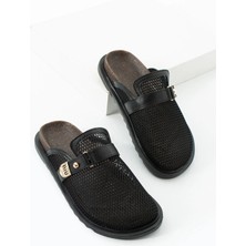 Kadın Siyah File Detaylı Tokalı Sabo Terlik Yumuşak Taban Helios