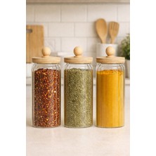 Feyza Design Çizgili Bambu Conta Kapaklı Borosilikat 3'lü 1000ML Kavanoz Seti