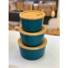 Feyza Design Bambu Kapaklı Granit Saklama Kabı Seti 12/14/16 cm Yeşil