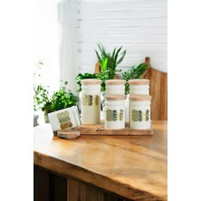 Feyza Design 6'lı Metal Saklama Kavanozu Seti, Ahşap Standlı, Vintage Mutfak Organizeri