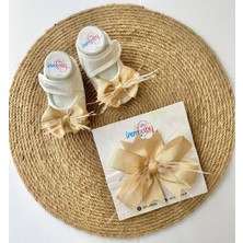 İrembaby Bebek Lohusa Seti Gold Tüylü Bebek Ayakkabısı ve Bebek Saç Bandı Lohusa Takımı Çekim-Mevlüt