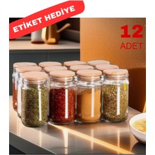 Feyza Design 12'li Lüx Bambu Kapaklı Cam Baharatlık Takımı, 320 ml ve Etiket Hediye