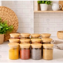 Feyza Design 12'li Bambu Kapaklı 250 ml Cam Vakumlu Baharatlık Seti