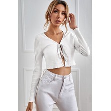 İmoda Kadın Beyaz Uzun Kollu Önden Bağlama Detaylı Crop Top Bluz