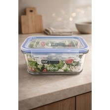 Feyza Design Borosilikat Cam Saklama Kabı, Bölmeli, Kilitli, Mavi Kapak, 850ML, 17X12,5X7,9CM