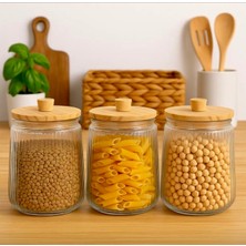 Feyza Design 3’lü Bambu Kapaklı 1300 cc Bakliyat, Çay, Şeker ve Tuz Saklama Kavanozu