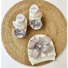 İrembaby Bebek Lohusa Seti Gri Tüylü Bebek Ayakkabısı ve Bebek Saç Bandı Lohusa Takımı Çekim-Mevlüt