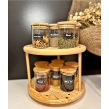 Feyza Design Bambu Döner Standlı 12'li 250 ml Vakumlu Kapaklı Baharatlık Seti