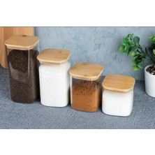 Feyza Design 4’lü Bambu Kapaklı Borosilikat Cam Kare Saklama Kavanoz Seti