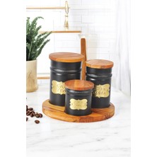 Feyza Design 3'lü Vintage Metal Saklama Seti, Ahşap Standlı, Lüks Mutfak Düzenleyici