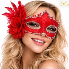 NW NessiWorld Kırmızı Tüylü Venedik Lüks Balo Maskesi