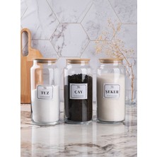 Feyza Design 3’lü Bambu Kapaklı Cam Kavanoz Seti, 1300 Ml, Çay, Şeker, Tuz ve Kahve Için