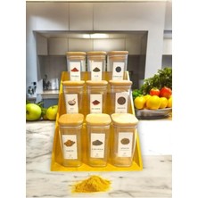 Feyza Design Bambu Standlı 9'lu Ahşap Kapaklı 300 ml Baharatlık Saklama Kabı Seti