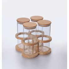 Feyza Design Ahşap Standlı 4'lü Kavanoz Seti, Şık ve Fonksiyonel Saklama Çözümü