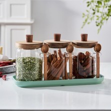 Feyza Design 3'lü Borosilikat Cam Kavanoz Seti, Akasya Kapak ve Kaşık ile 750 ml