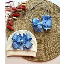 İrembaby Bebek Lohusa Seti Mavi Tüylü Fiyonk Bebek Şapkası ve Anne Lohusa Tacı Lohusa Takımı