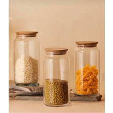 Feyza Design 3’lü Bambu Kapaklı 1300CC Kavanoz Seti, Bakliyat, Çay, Şeker, Tuz, Kahve