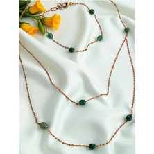 Amabel Jewelerys Çelik Zincirli Aventurine Doğal Taş Detaylı Kadın Kolye ve Bileklik Set