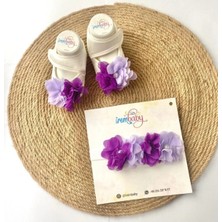 İrembaby Bebek Lohusa Seti Mor Lila Tüylü Bebek Ayakkabısı ve Bebek Saç Bandı Lohusa Takımı Çekim-Mevlüt