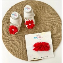 İrembaby Bebek Lohusa Seti Kırmızı Çiçekli Bebek Ayakkabısı ve Bebek Şapkası Lohusa Takımı Çekim-Mevlüt