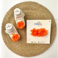 İrembaby Bebek Lohusa Seti Turuncu Çiçekli Bebek Ayakkabısı ve Bebek Saç Bandı Lohusa Takımı Çekim-Mevlüt