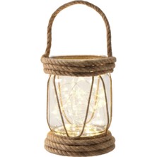 Dyrıs Rustik Halatlı Cam Fener 20X10 cm – Pilli Peri Ledli Askılı Balkon & Bahçe Lambası